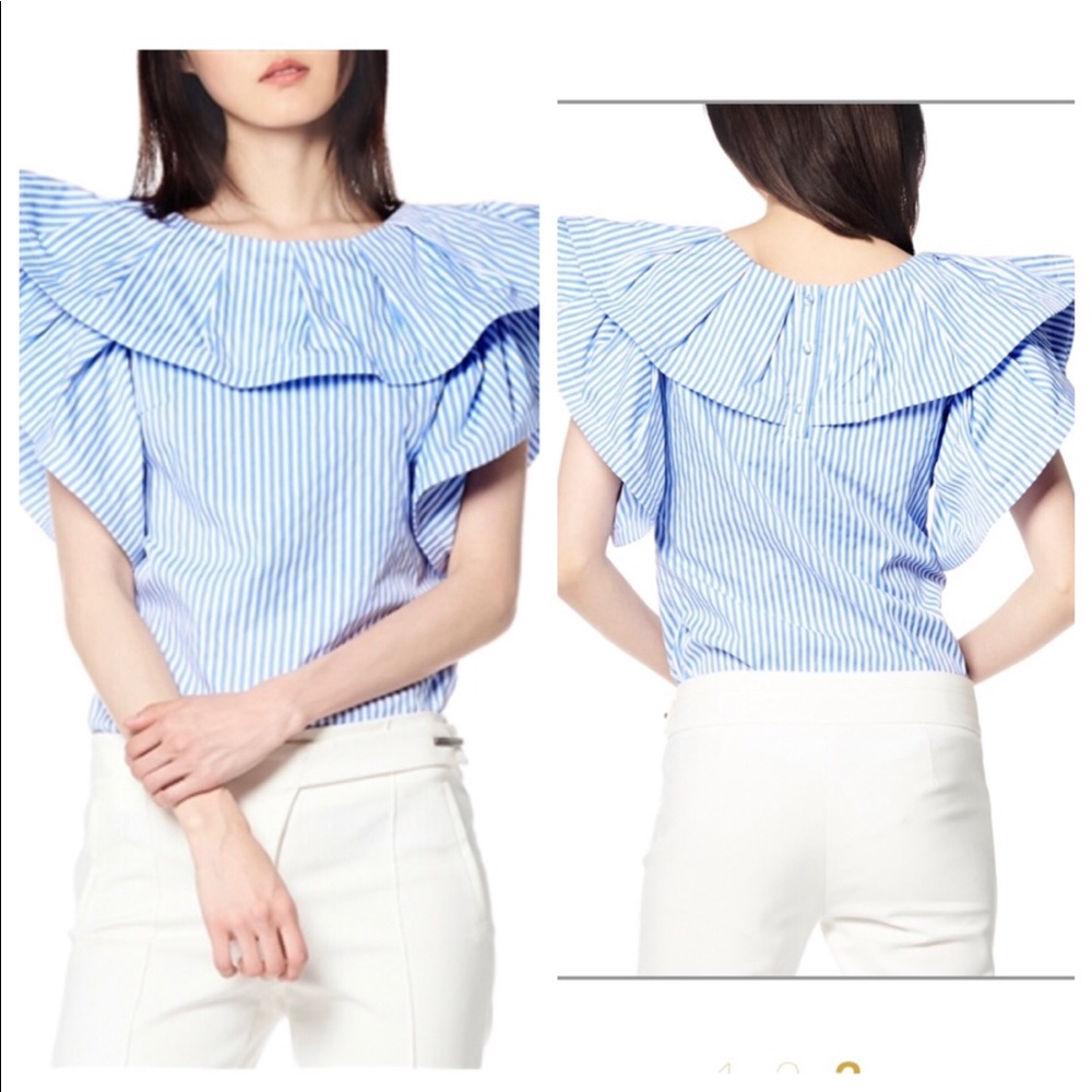 Blue and white stripe ruffle shirt
